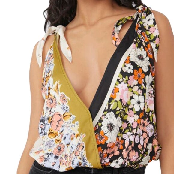 Free People Tops - Free People Floral Tie Sleeve Faux Cross Front Blouse S